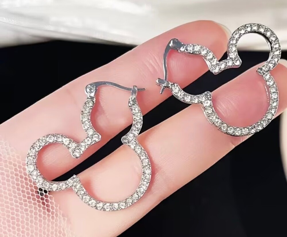 Mickey Mouse Crystal Pave Hoop Earrings Sivler Tone Sparkly Disney Inspired NWT